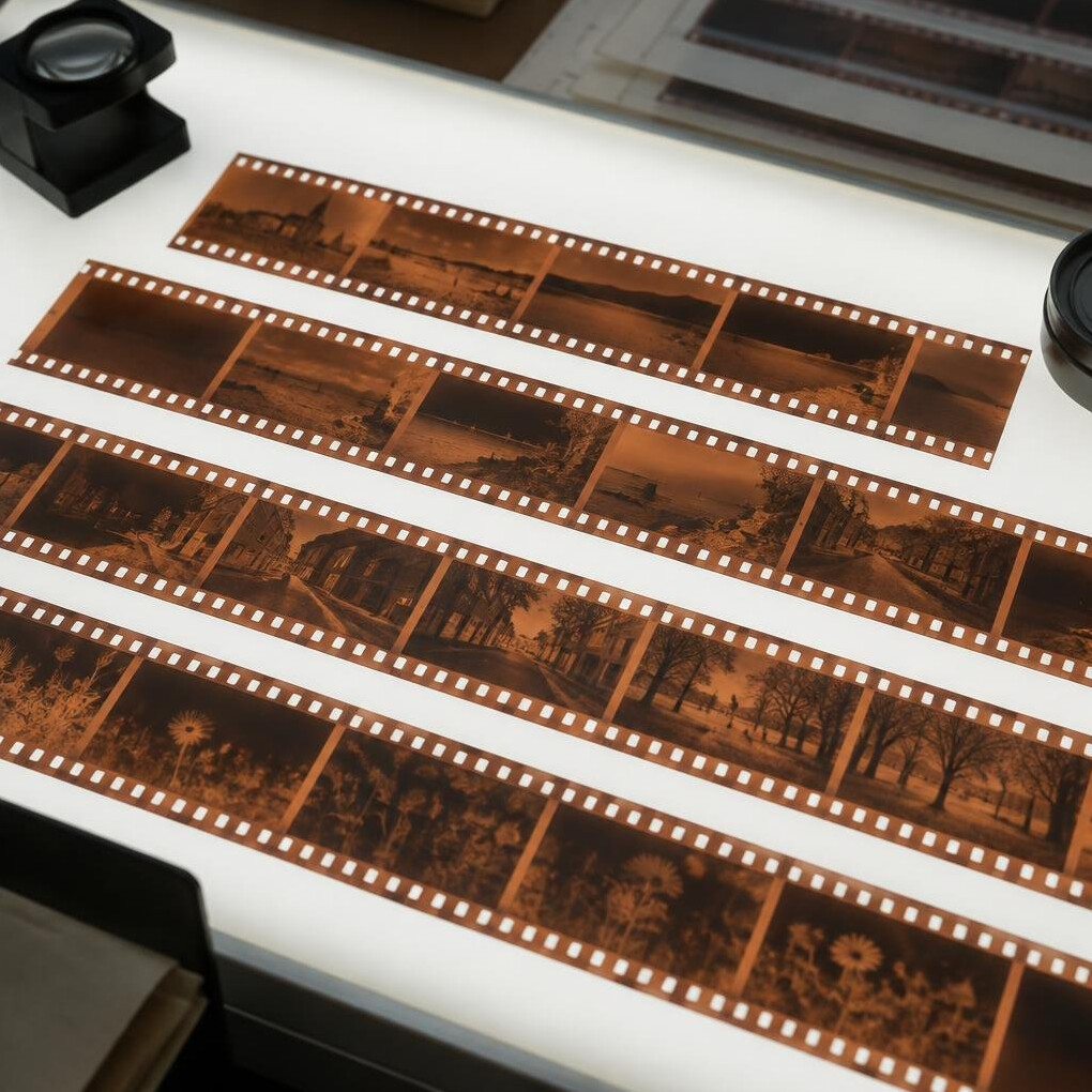Film strip negatives on a light table