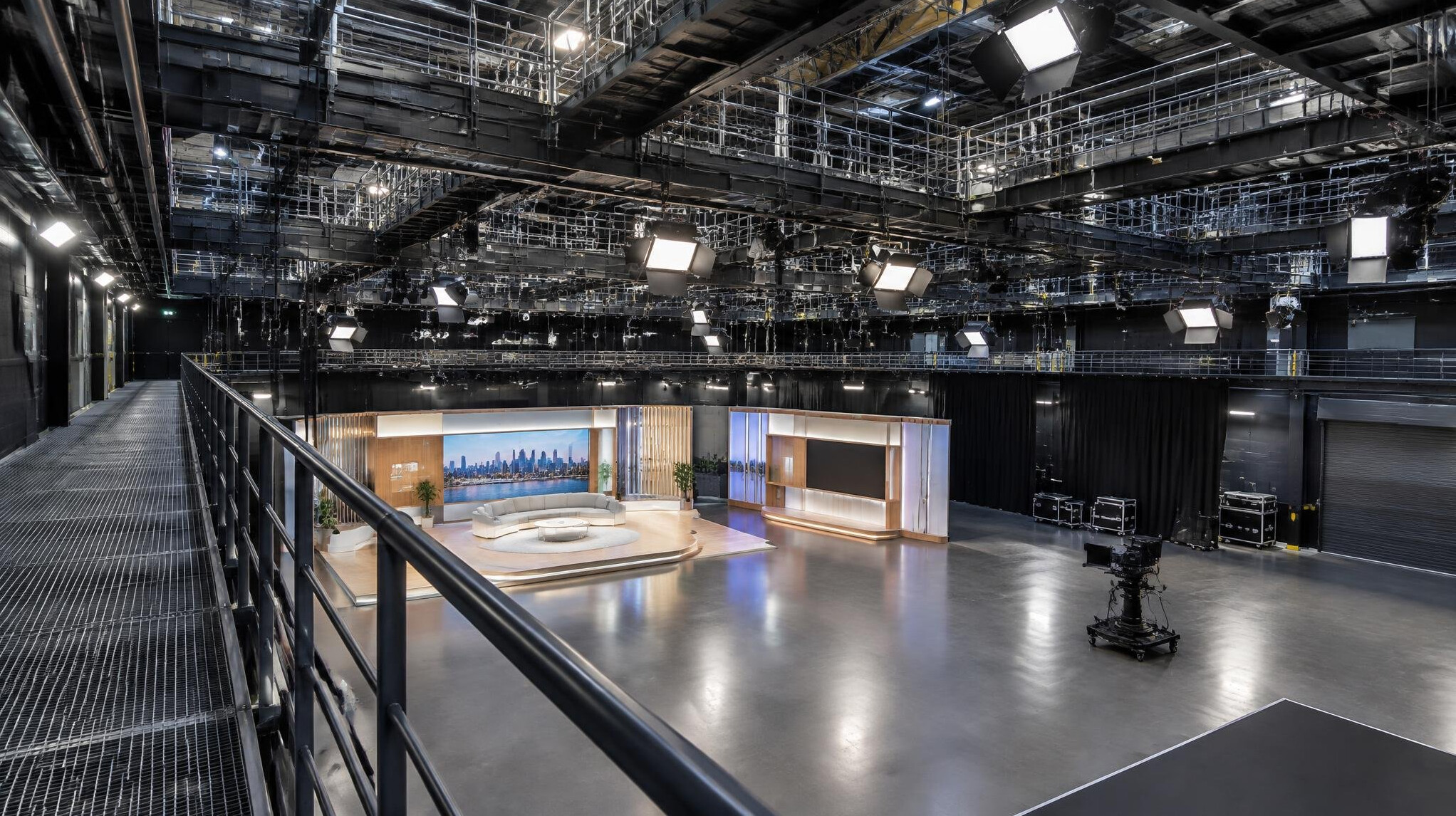 Interior architecture of a large broadcast television studio with lighting grid