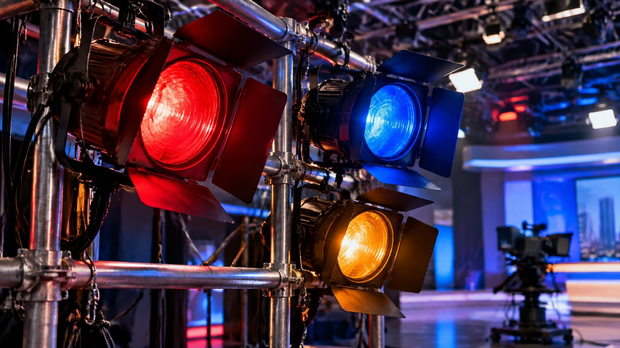 Colorful stage lighting rig in a television studio