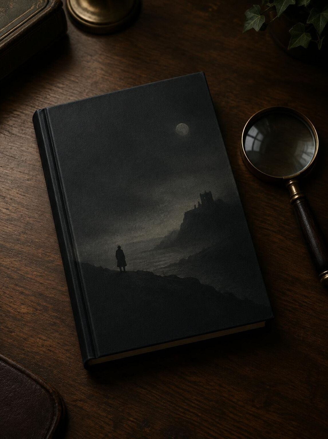 Hardcover book with dark cover on a wooden table