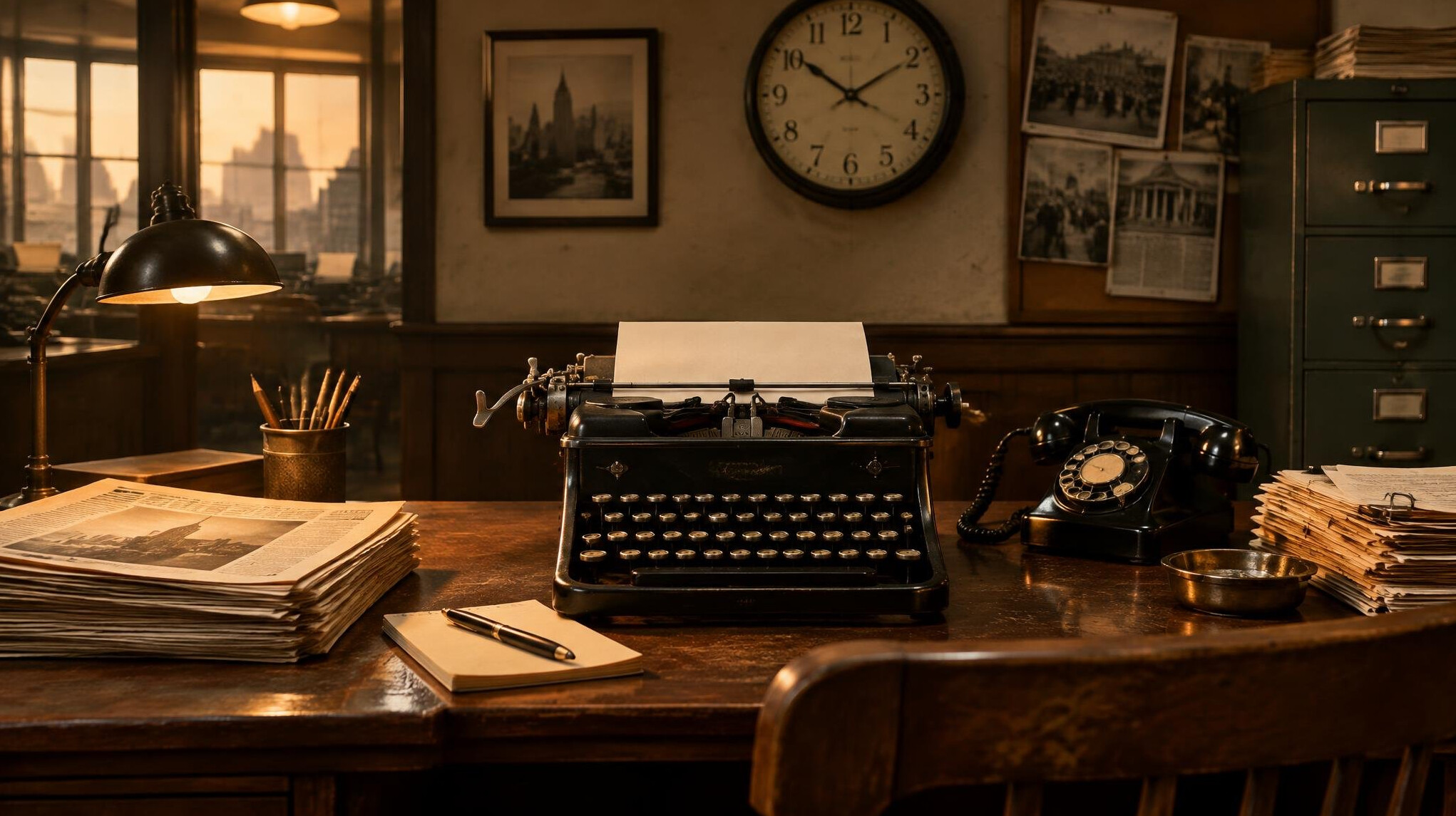 Vintage newsroom desk with typewriter and rotary telephone