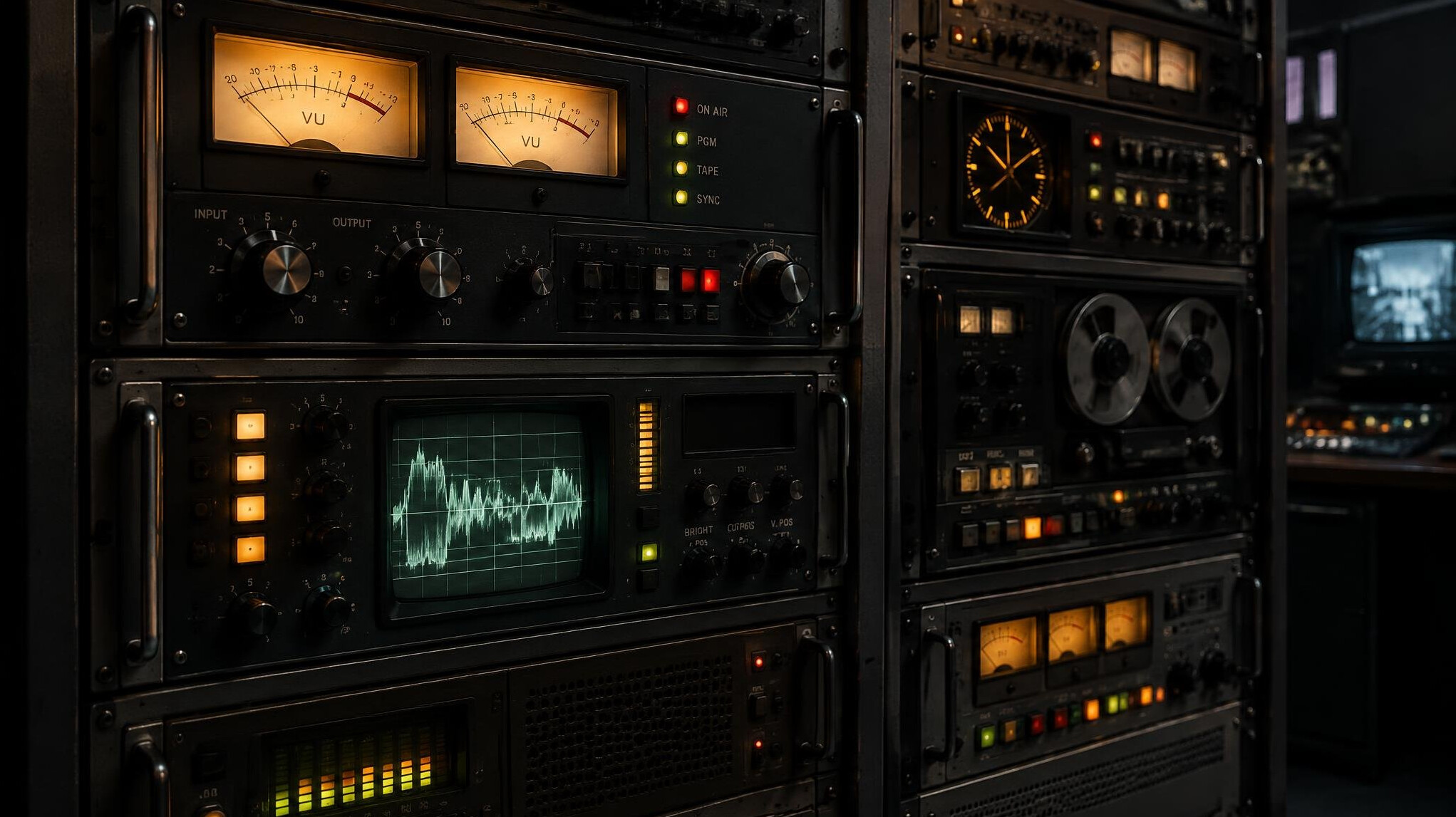 Rack of vintage broadcast equipment with glowing dials