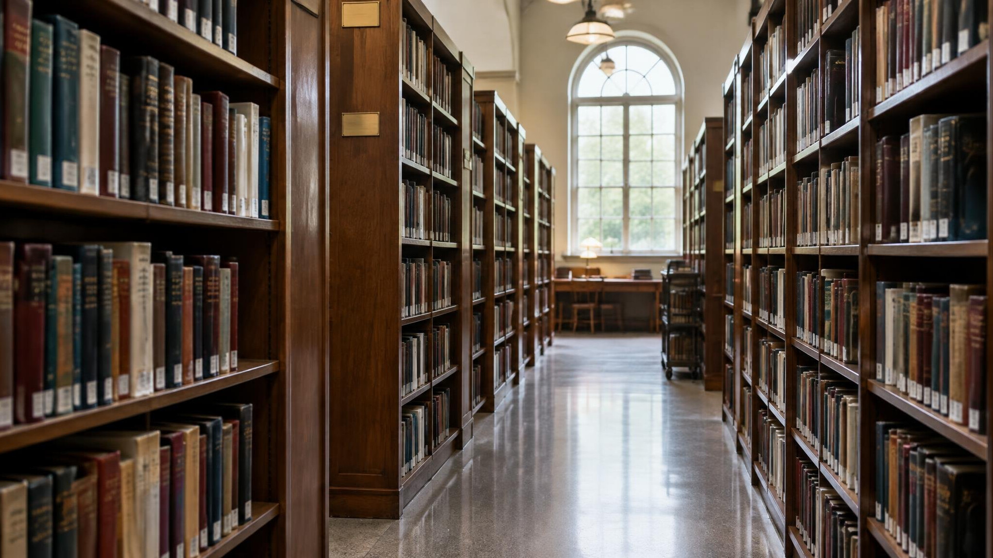 Library shelves with many books