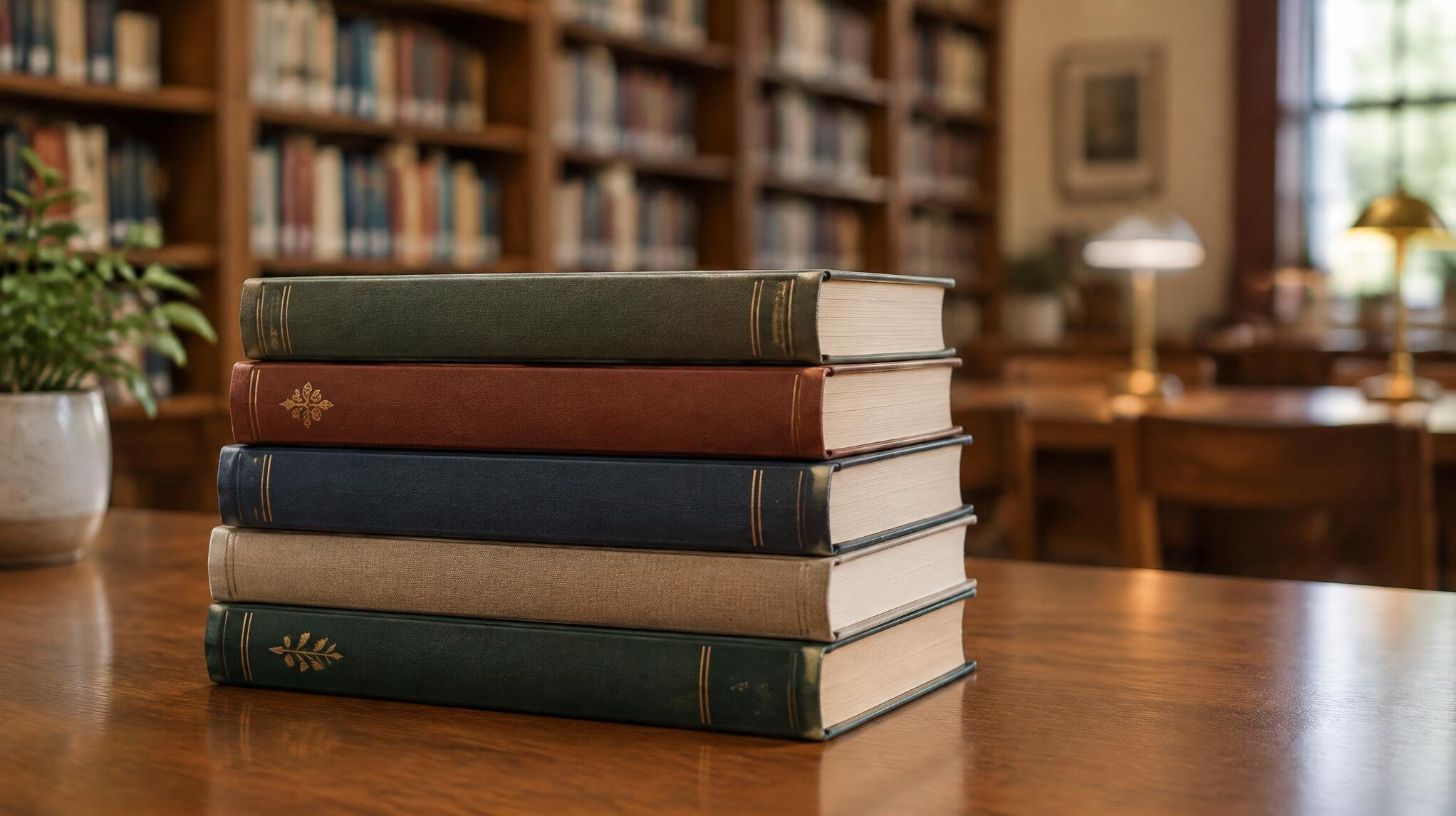 Stack of books with a blurred library background