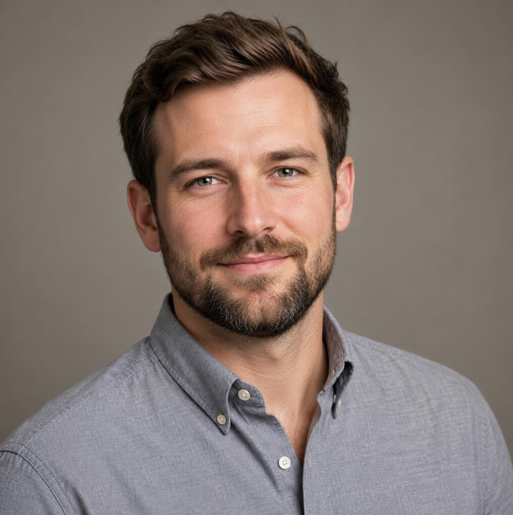 Studio portrait of a German man in his thirties with a beard