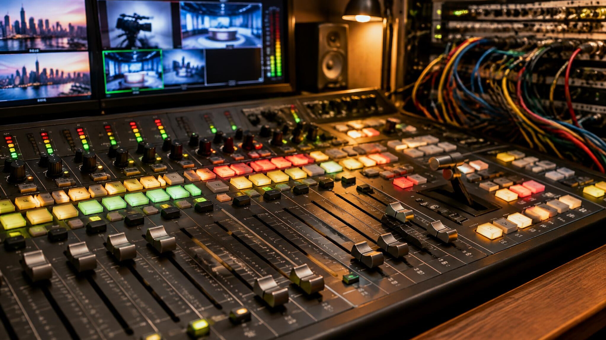 Close-up of a broadcast control panel with sliders and patch cables