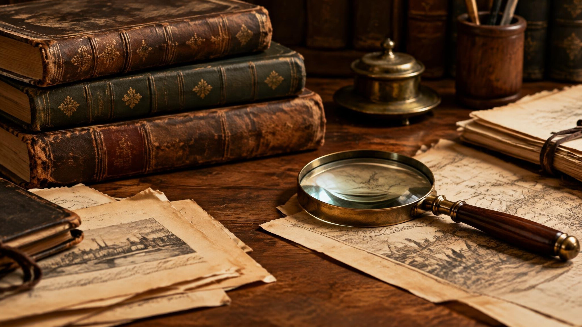 Old books and documents on a wooden desk