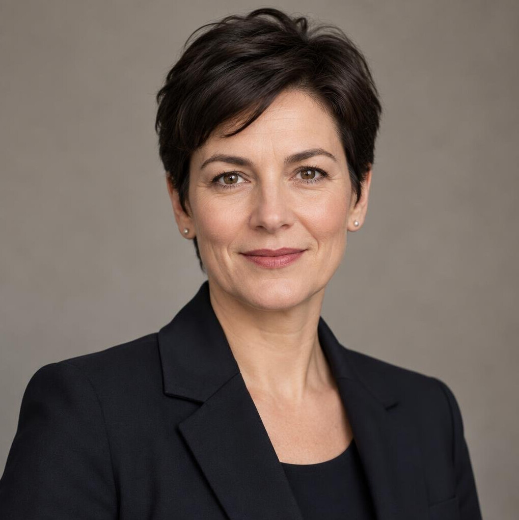 Studio portrait of a German woman in her forties with short hair