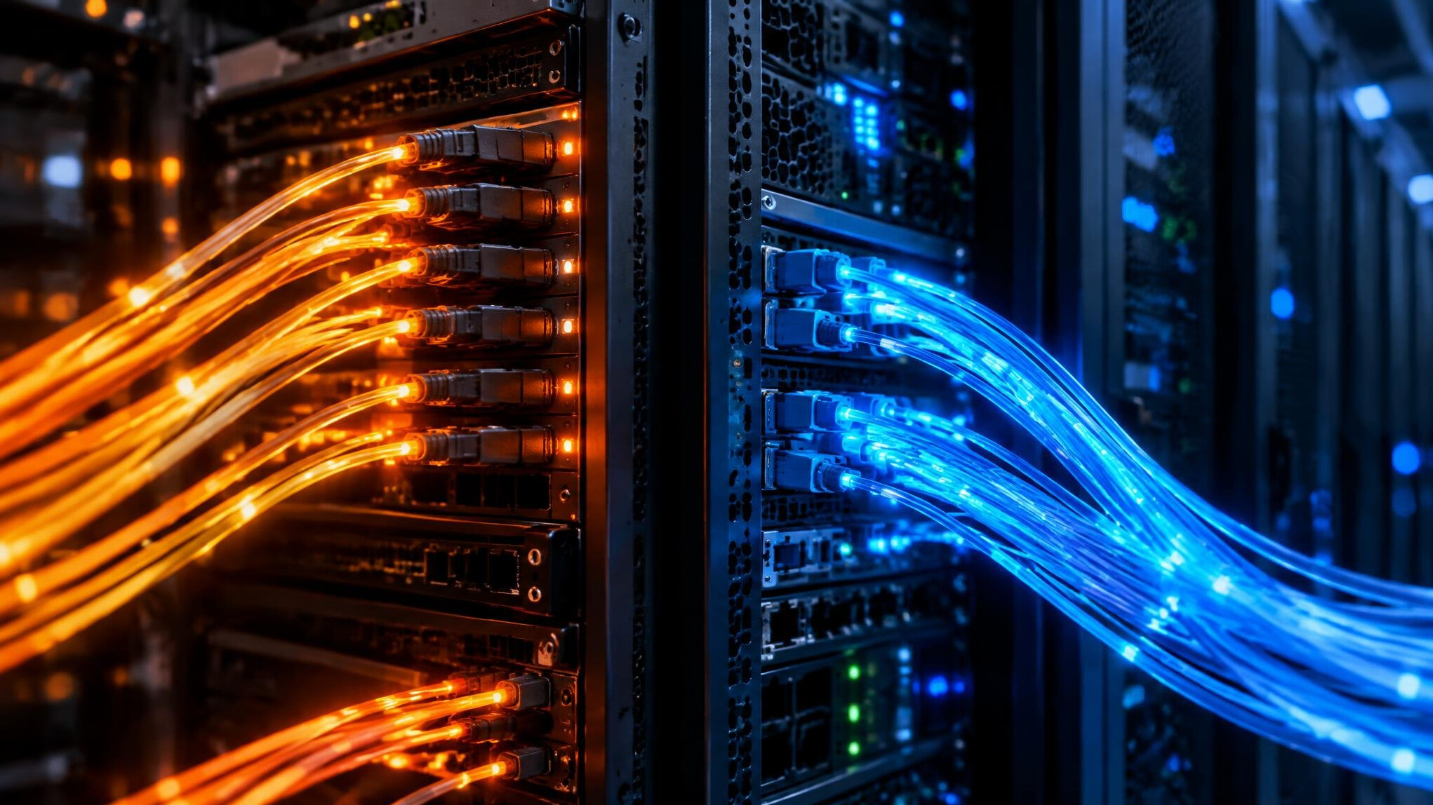 Glowing fiber optic cables and server racks