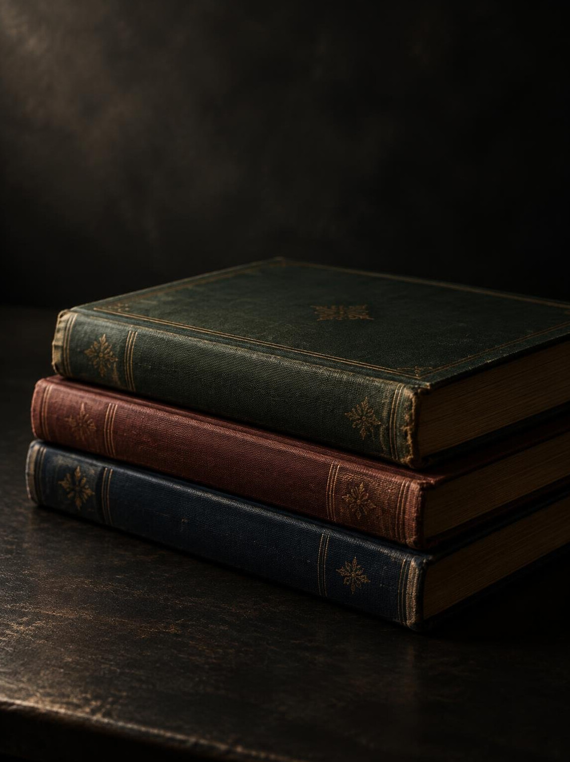 Books arranged on a shelf with a vintage feel