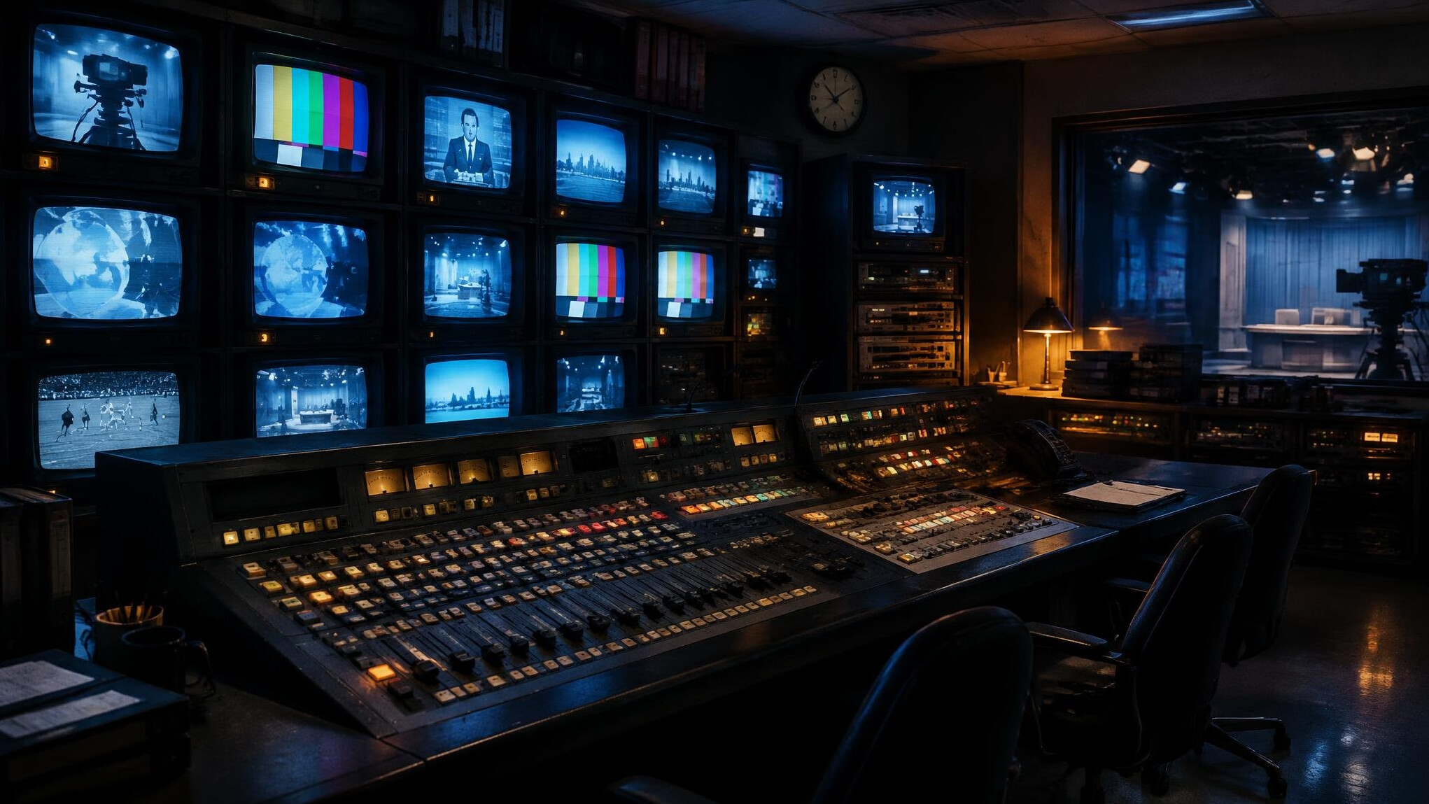 Vintage television control room with rows of glowing monitors