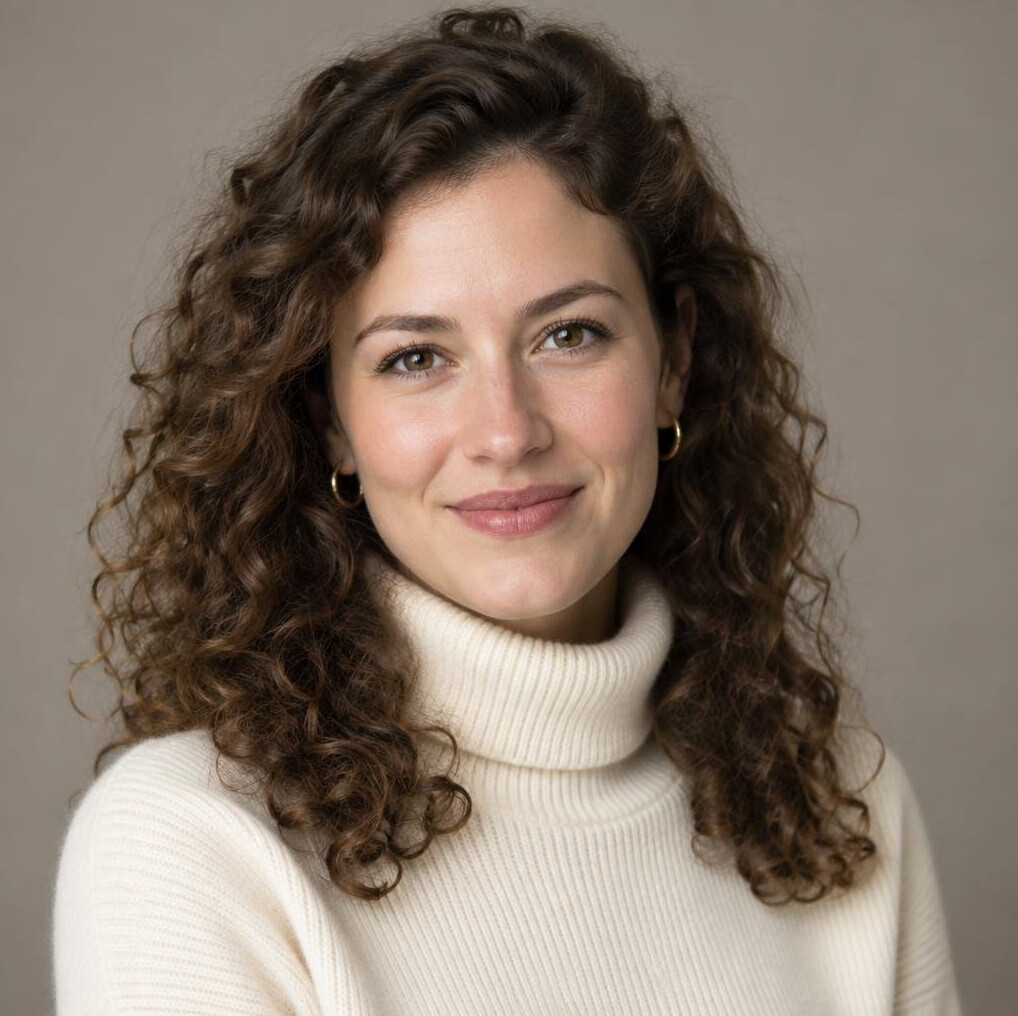 Studio portrait of a young German woman with curly hair