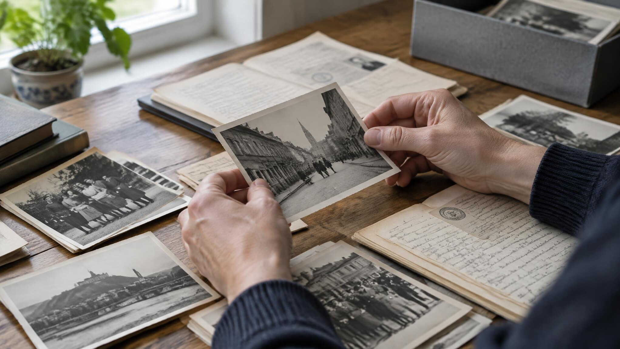 Hands reviewing archival photographs on a wooden table