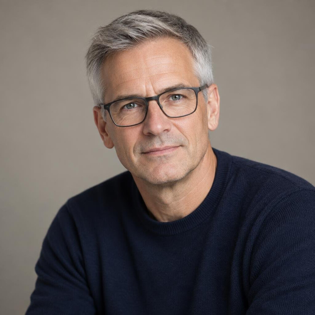 Studio portrait of a German man in his fifties with grey hair and glasses