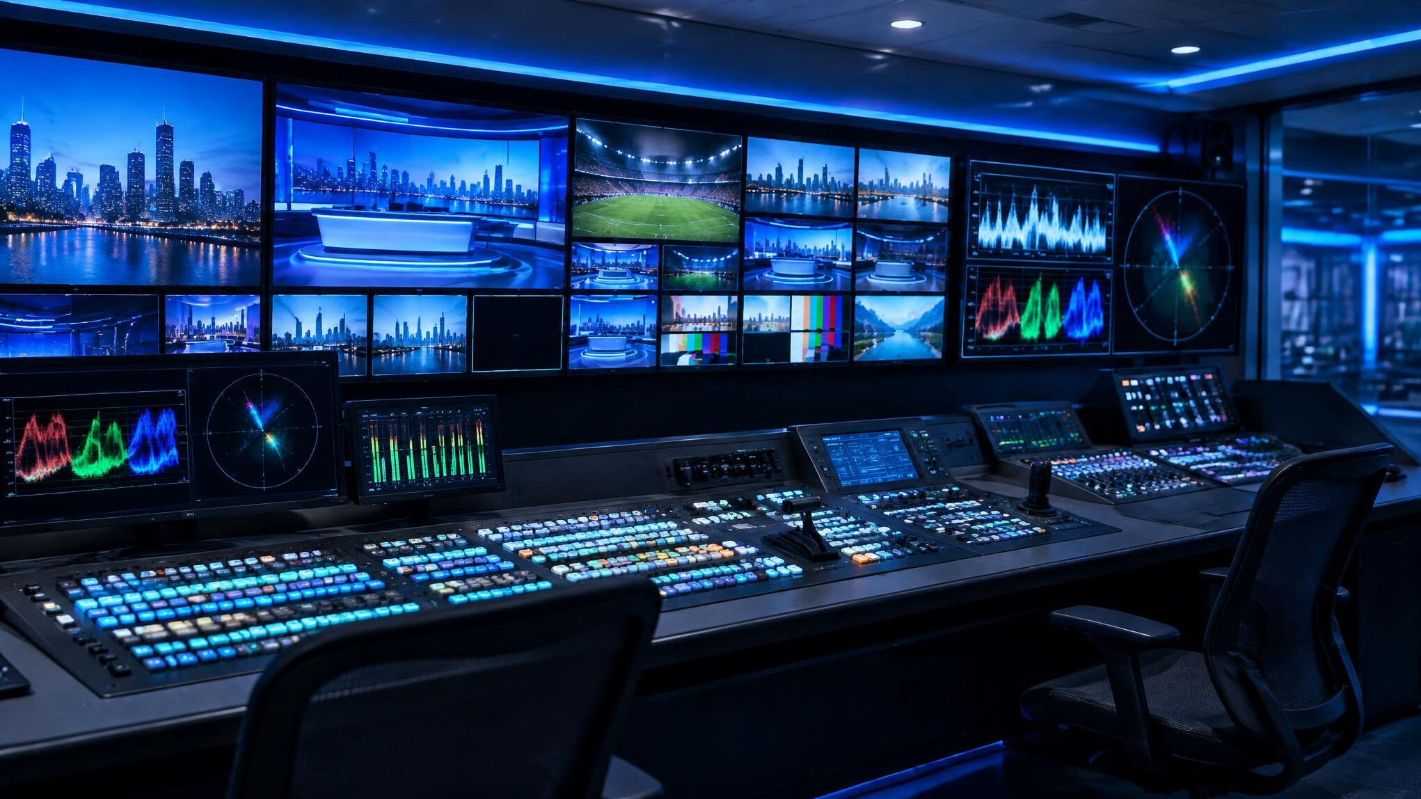 Modern broadcast control room with multiple digital screens